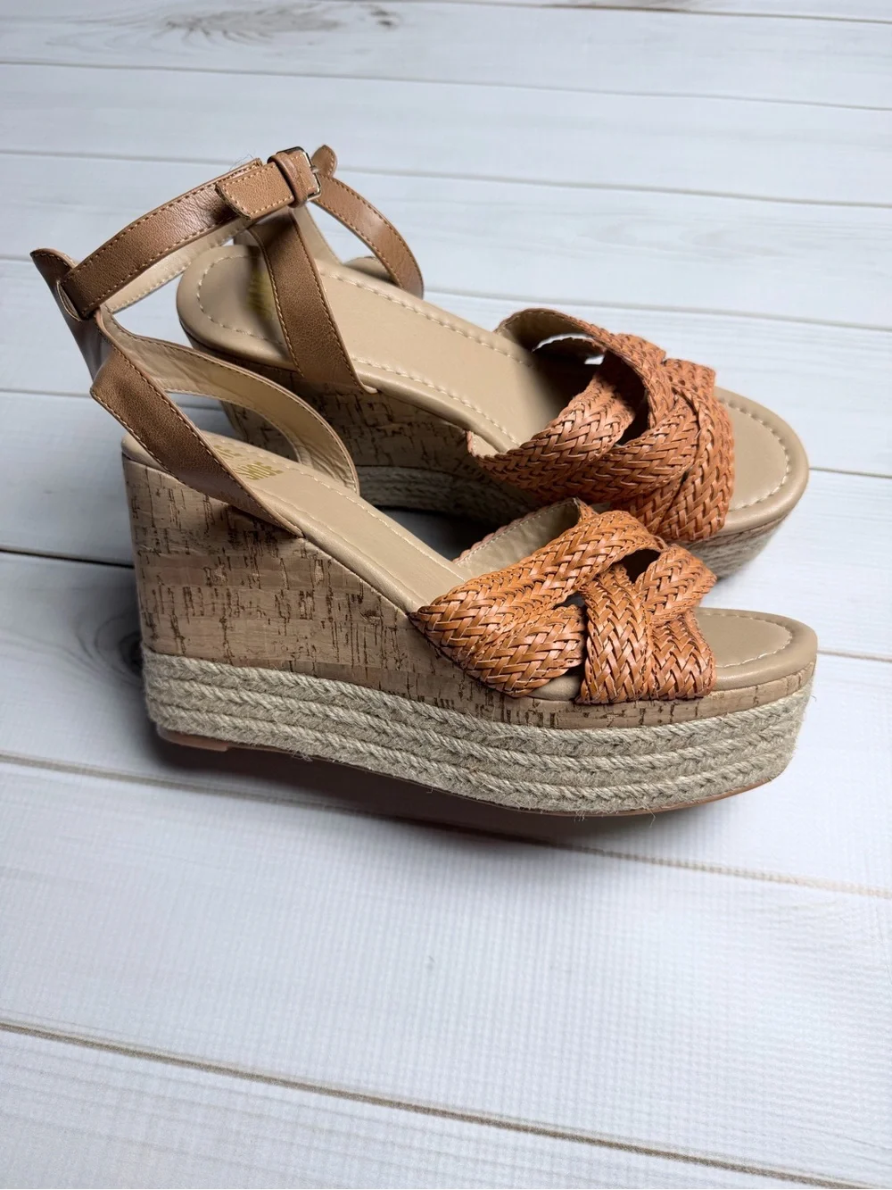 JANE AND THE SHOE Lily Cork Caged Espadrille Wedge Sandals - Size 7.5